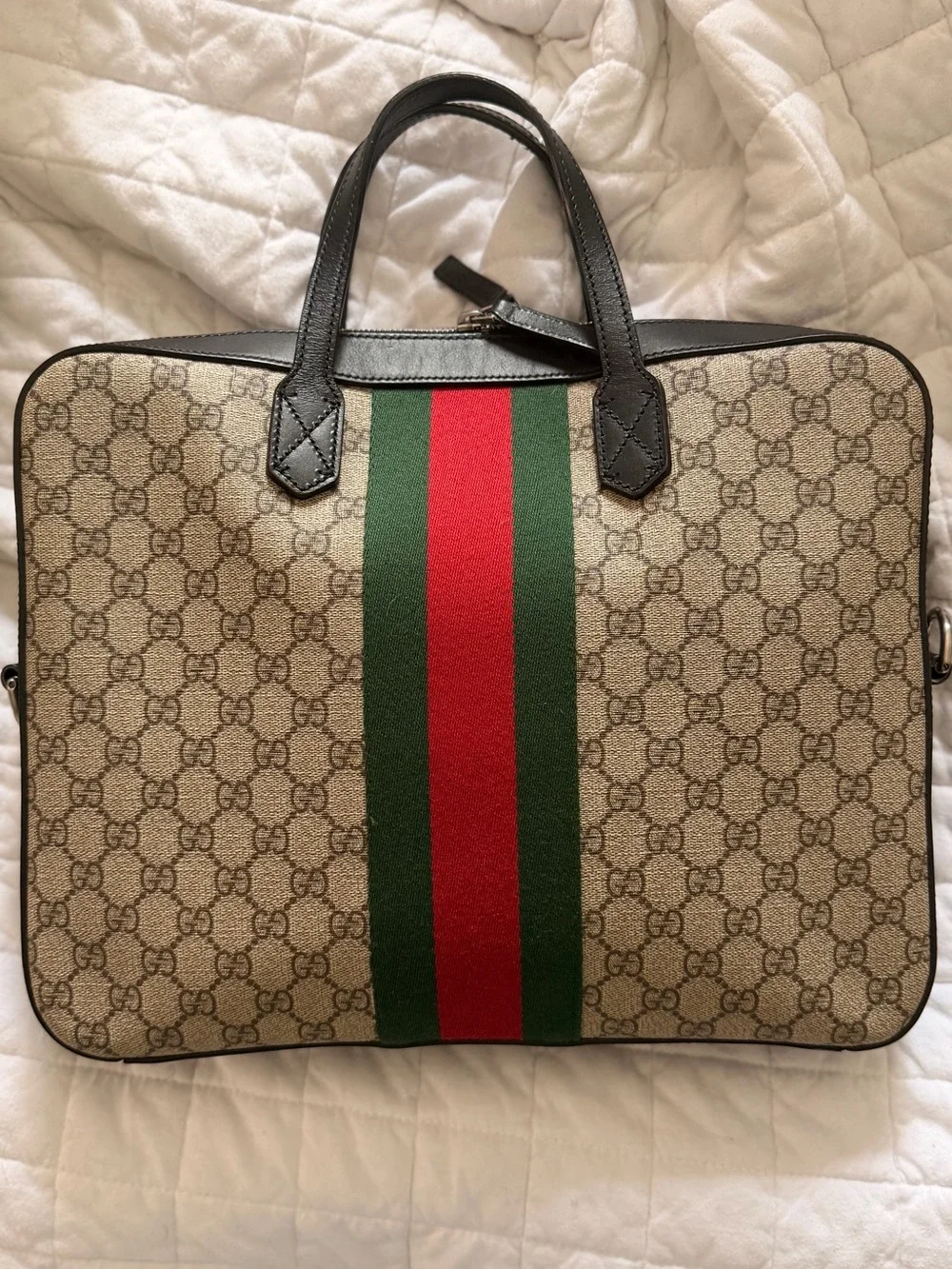 Gucci Beige GG Supreme Canvas Laptop Briefcase with Green & Red Web
